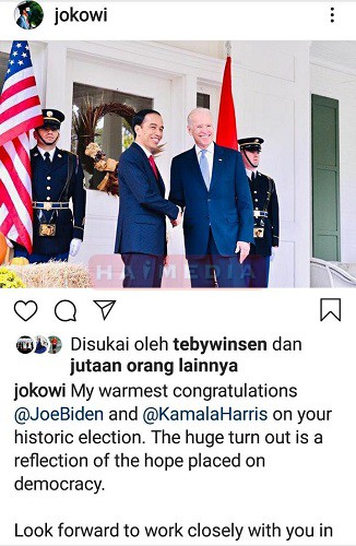  Unggah Foto Berdua, Jokowi Ucapkan Selamat Kepada Biden-Kamala