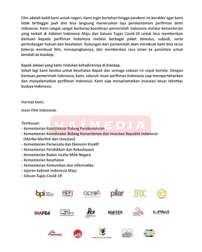  Terpukul Covid-19, Insan Film Indonesia dan Rumah Produksi Surati Presiden Jokowi