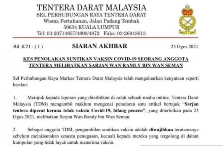  Tentara Darat Malaysia Pecat Anggotanya yang Menolak di Vaksin Covid-19